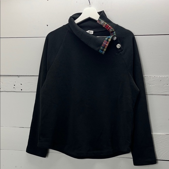 J Crew Tartan Jeweled Button-Neck Pullover Sweatshirt in Black Size M - Picture 3 of 7